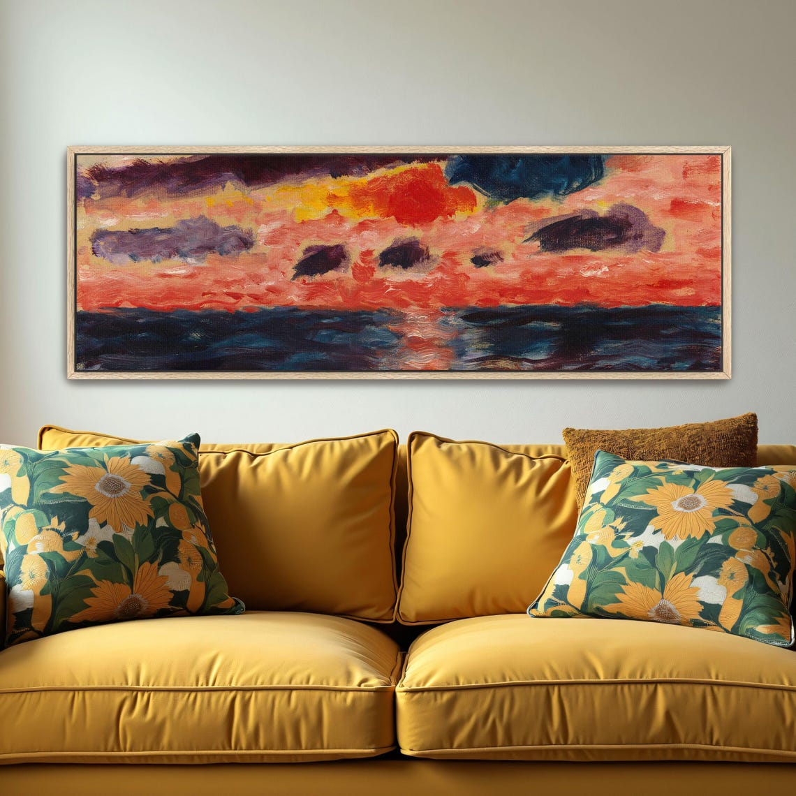 Abstract Seascape With Sunset Panoramic Wall Art Horizontal Framed Art Above Bed Wall Art Bedroom And Living Room Art Wide Narrow - Image 5