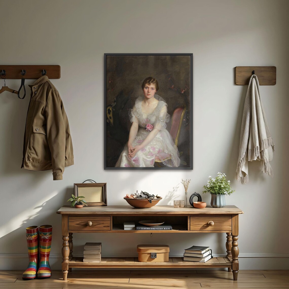 Portrait of a Woman in a White Floral Dress Classic Painting Poster - Image 4