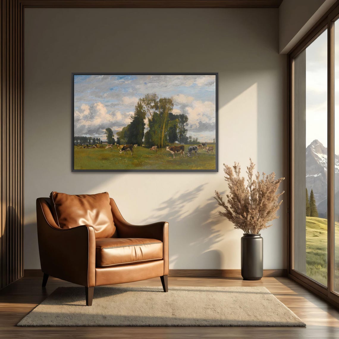 Cattle Grazing in a Green Meadow Under Tall Trees Vintage Art Print - Image 3