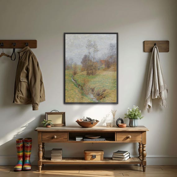 Framed Print Of A Stream Flows Through A Grassy Field Landscape Wall Art Green And Gray Living Room Art Print