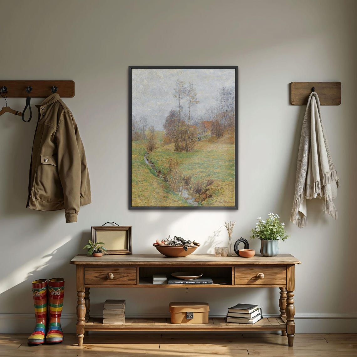 Stream Flowing Through a Grassy Field Landscape Painting Poster