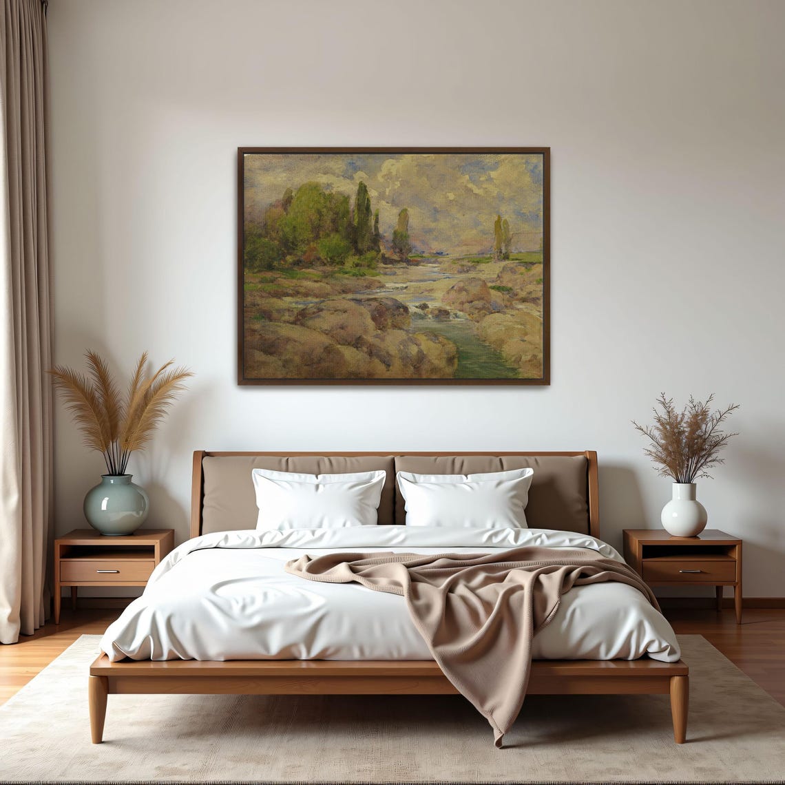 Rocky Riverbed with Green Trees under Cloudy Skies Landscape Poster - Image 6