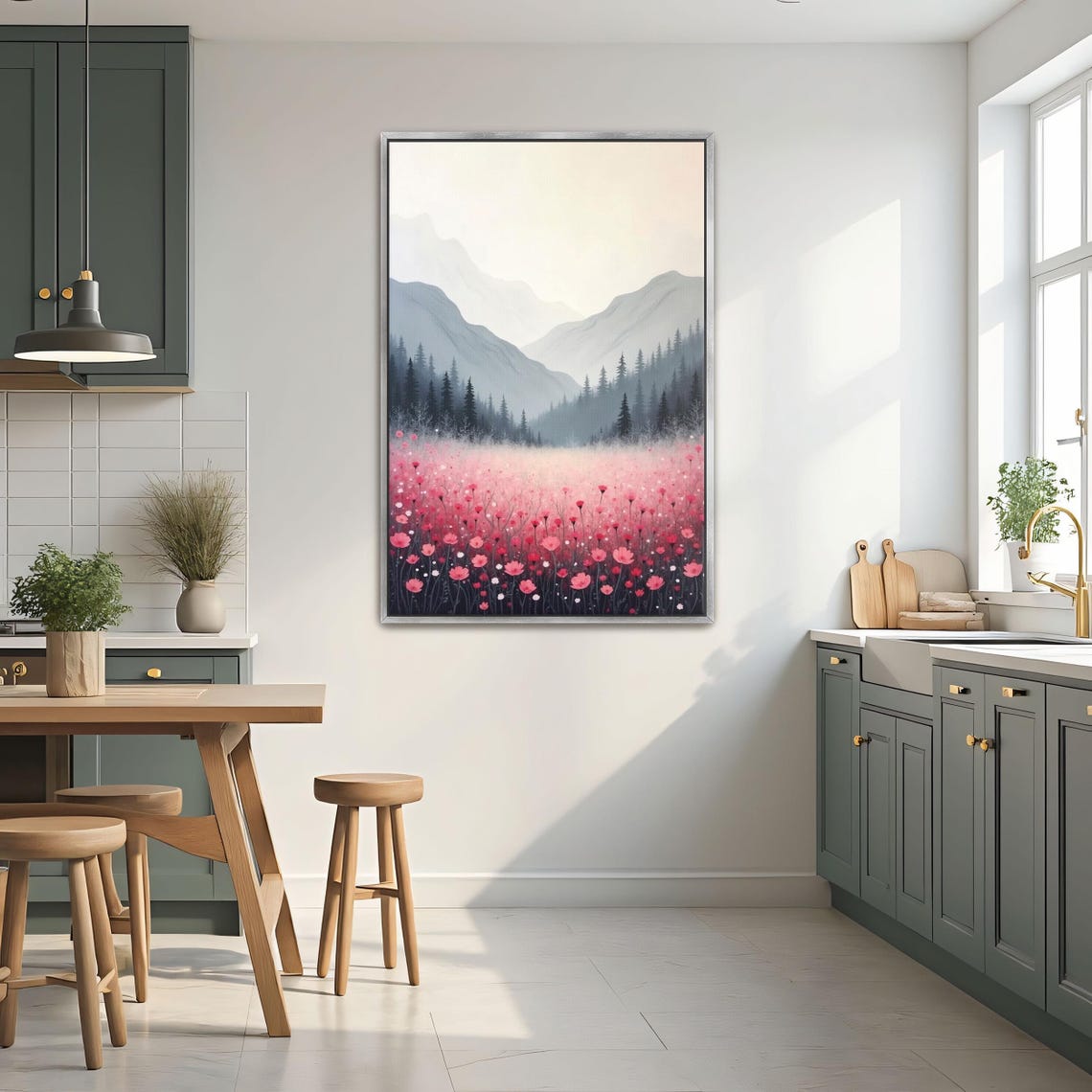 Misty Grey Mountains Rising Over Pink Poppy Meadow Framed Poster - Image 2