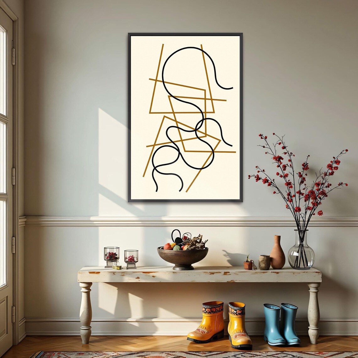 Minimalist Abstract Line Art In Black And Ochre On Cream Poster - Image 3