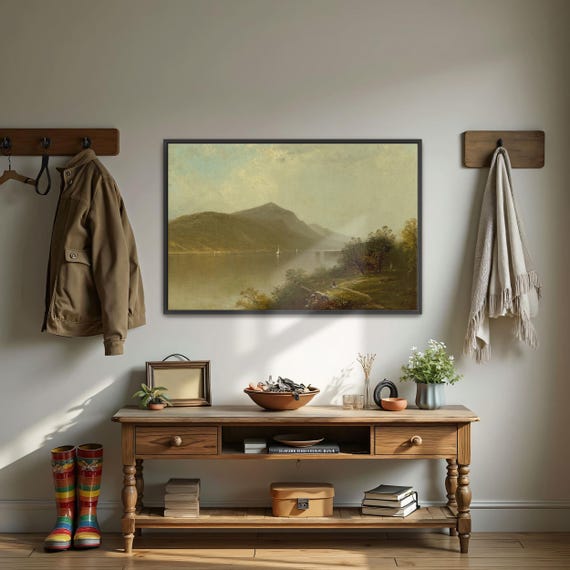 Framed Wall Art Of Sailboats On A Lake With Mountains In The Background Landscape Print Green And Brown Entryway Art