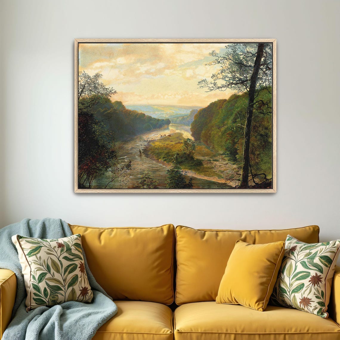 River Valley Landscape With Trees Golden Sky Oil Painting Poster - Image 4