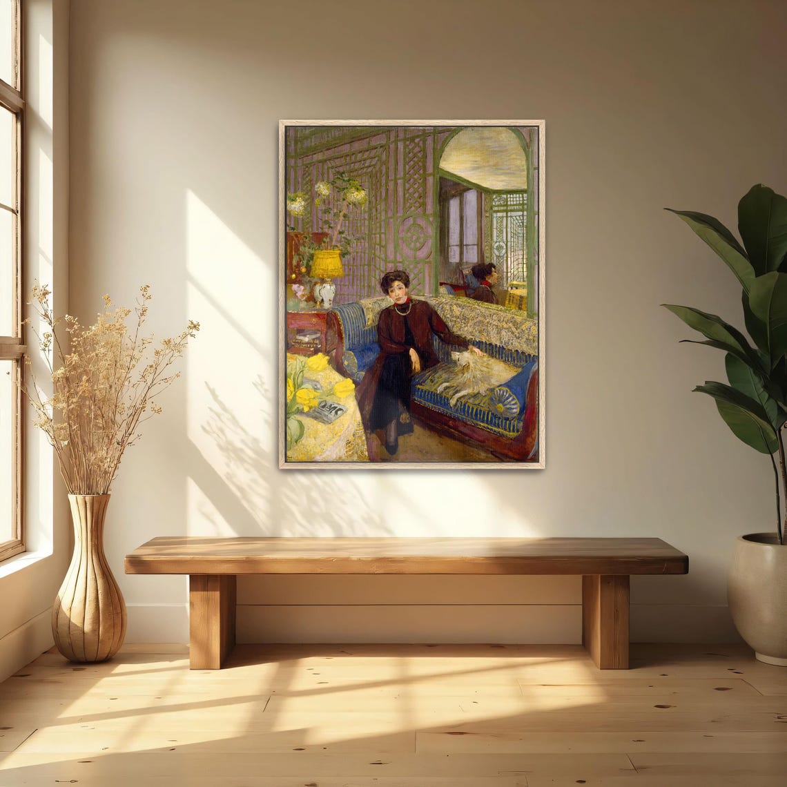 Framed Print Of Woman With Dog On A Blue Couch Portrait Print Blue And Brown Bedroom Art Print Bohemian Oil Painting - Image 5