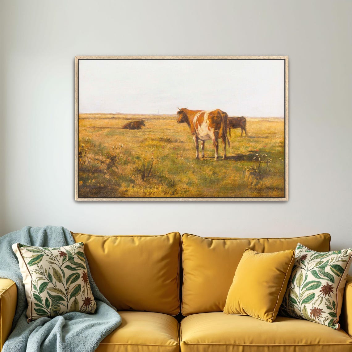 Three Cows Grazing In A Golden Pasture Under A Hazy Sky Poster - Image 4