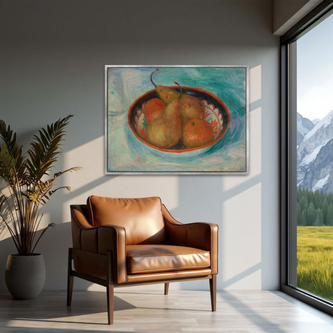 Bowl Of Pears And Oranges Still Life On Turquoise Background Poster - Image 2
