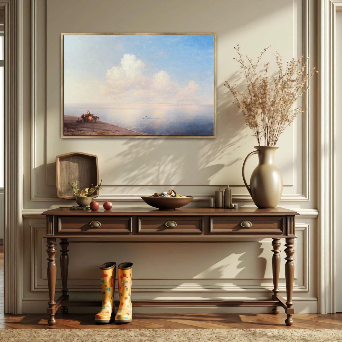 Horse Cart on the Shore under a Vast Cloudy Sky Seascape Poster - Image 2