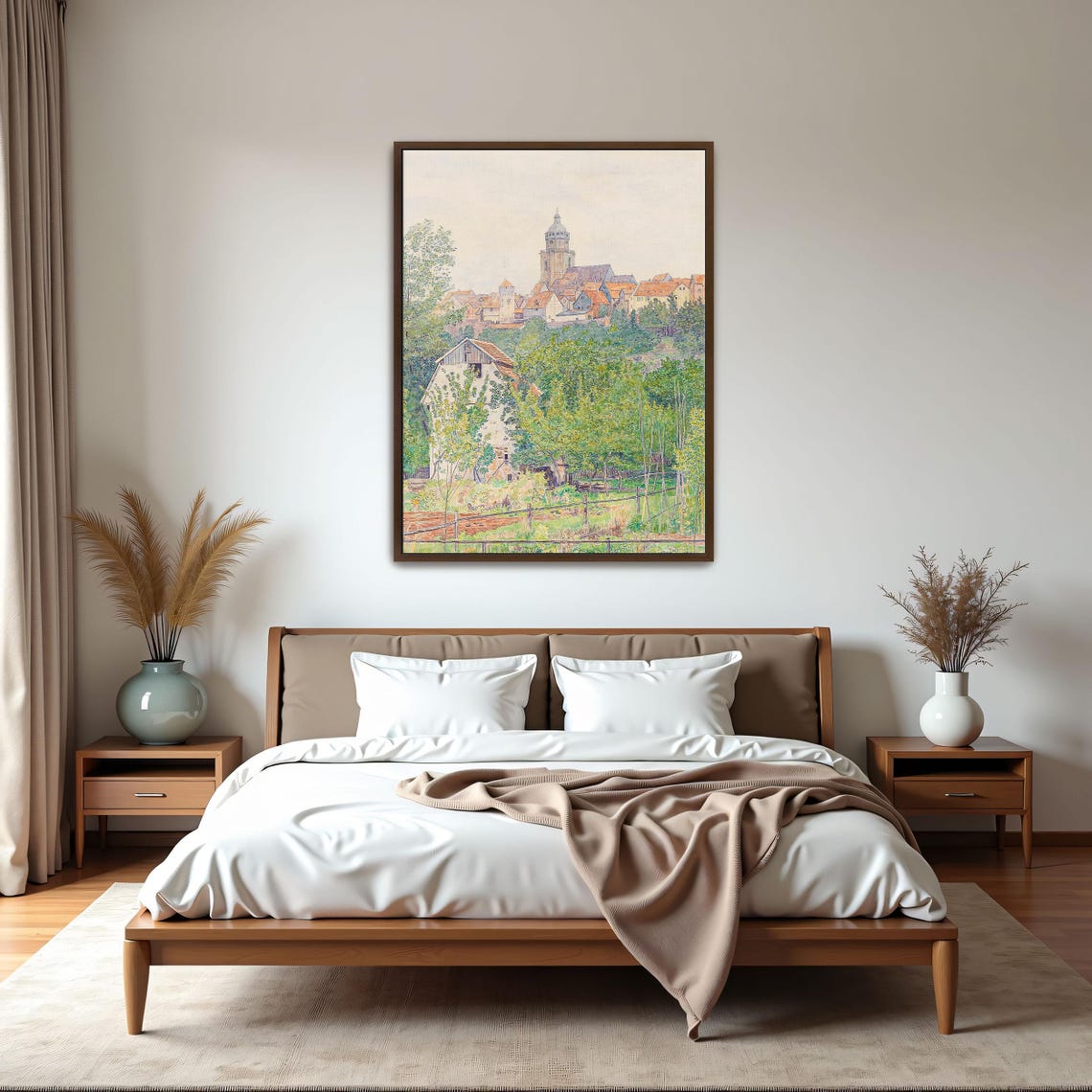 Village Landscape With Church Tower Rustic Watercolor Art Poster