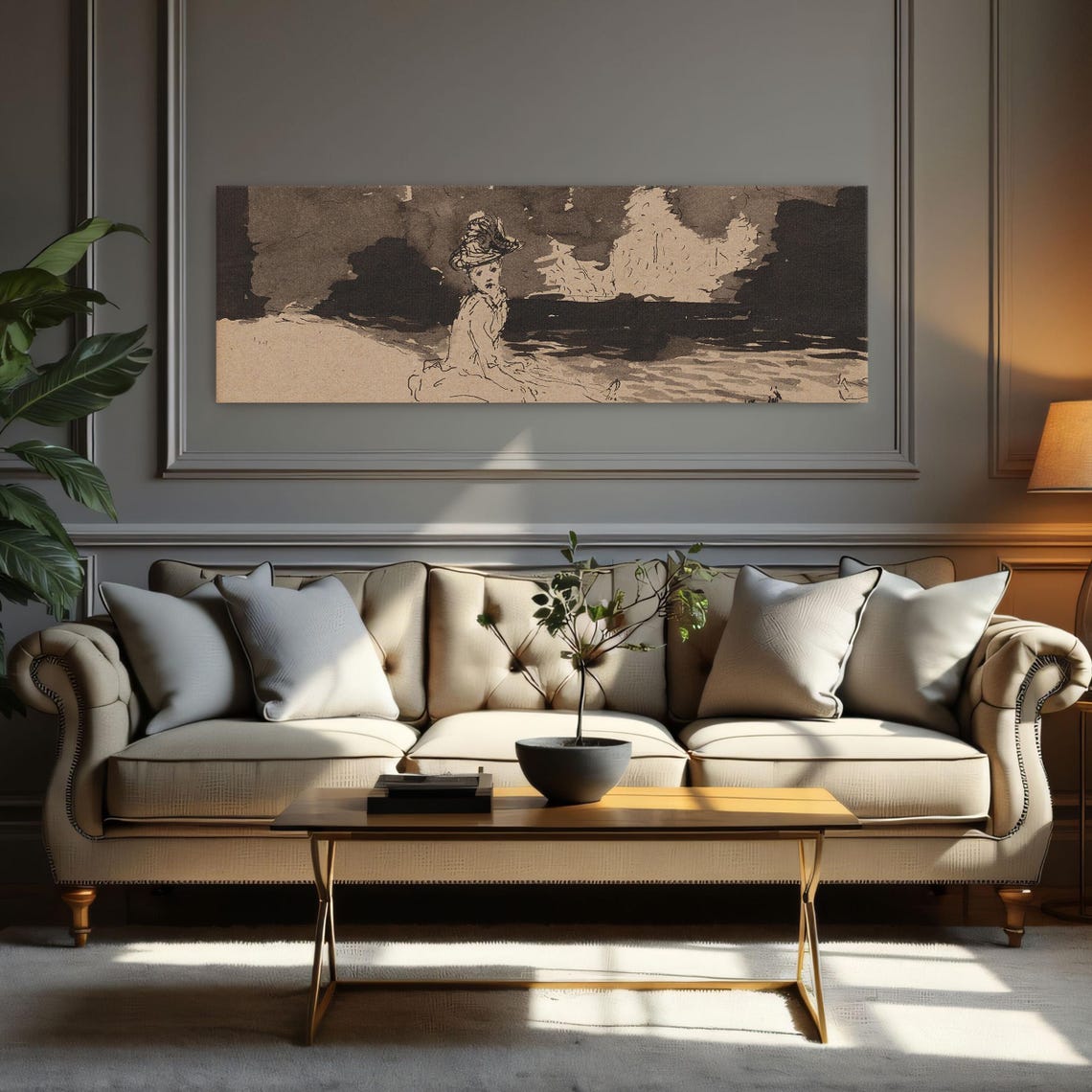 Woman in a Hat by the Water Impressionist Sepia Ink Sketch Poster - Image 2