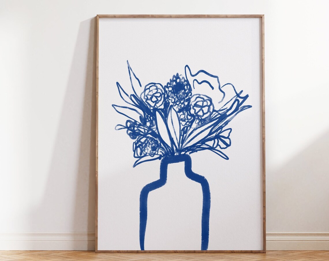 Blue Flower Vase Scandi Style Wall Art Print