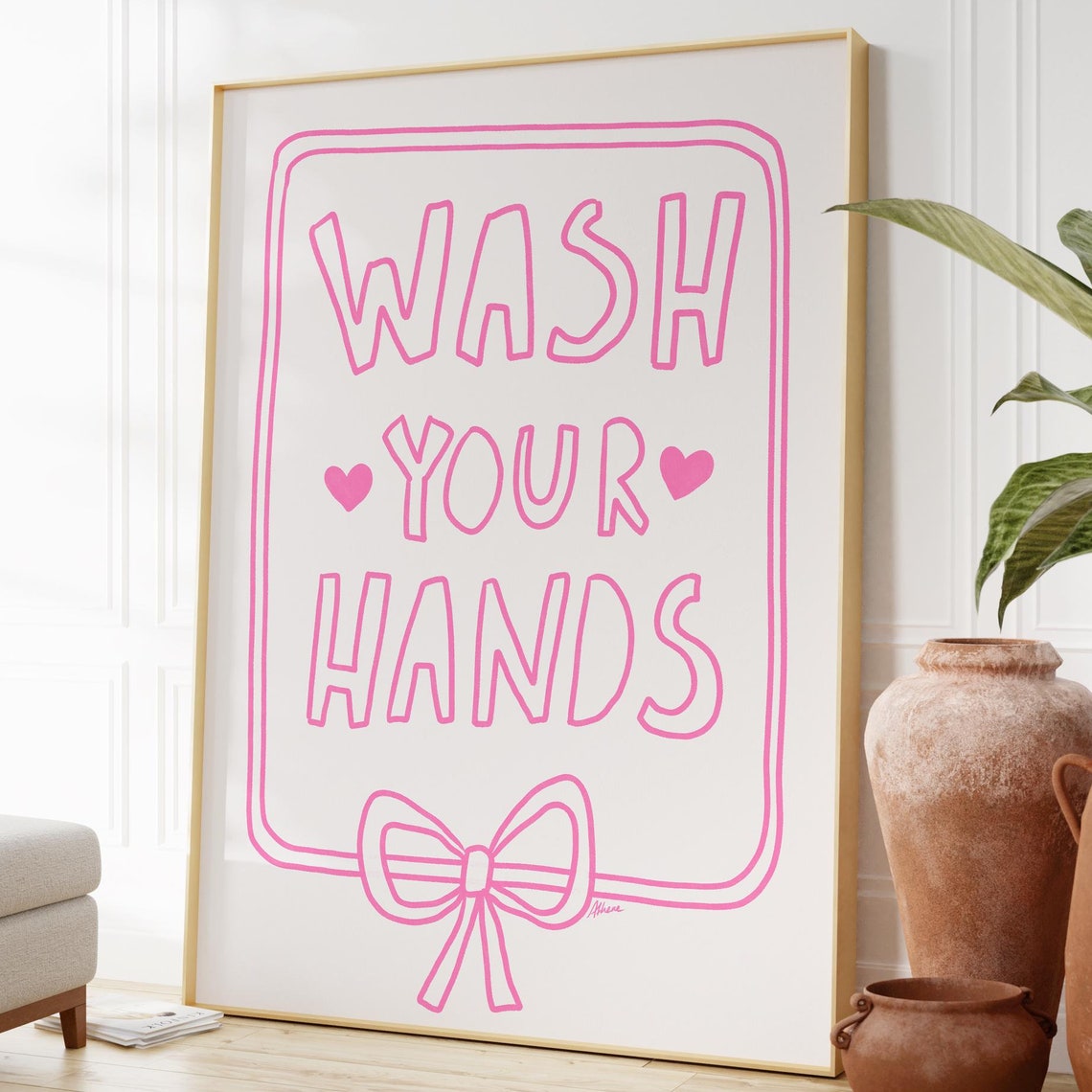 Wash Your Hands Pink Hand Lettered Bathroom Sign With Bow Poster