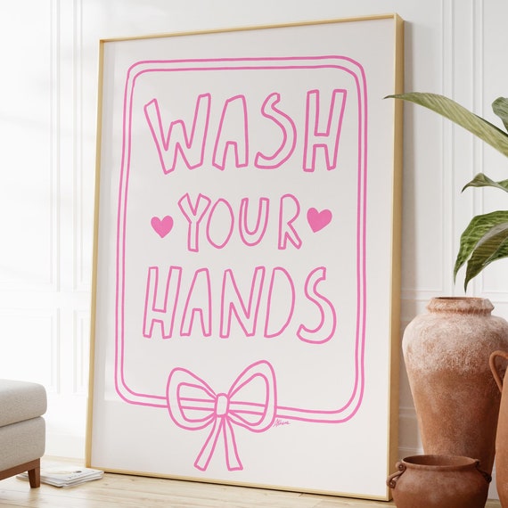 Wash Your Hands Print Pink Bathroom Art Danish Pastel Dopamine Decor Apartment Cute Fun Prints Hand Drawn Posters Girly