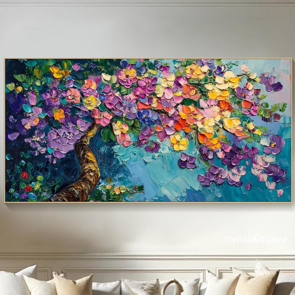 Flowering Tree Branch Colorful Blossoms Turquoise Impasto Art Poster