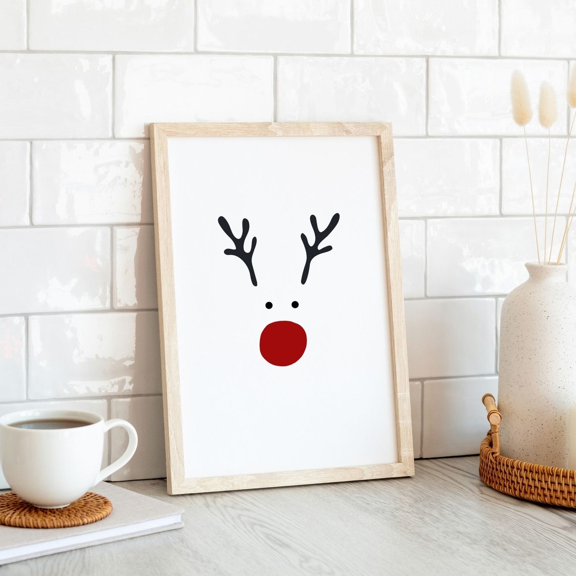 Minimalist Reindeer Face Red Nose Scandinavian Christmas Poster - Image 2