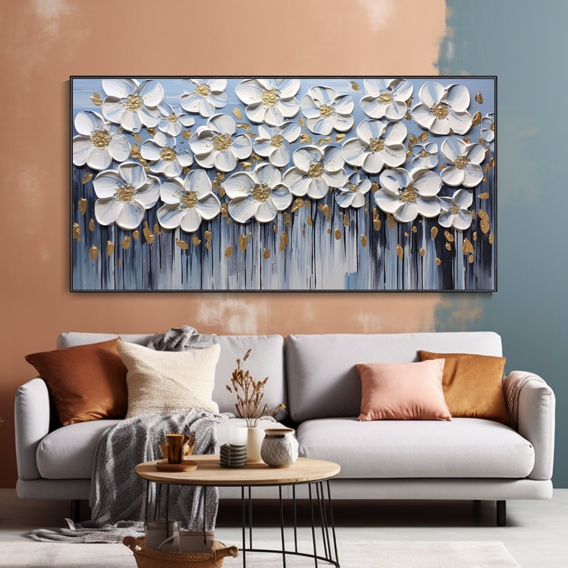 White Flowers Gold Stamens Deep Blue Luxe Floral Oil Painting Wall Art - Image 2