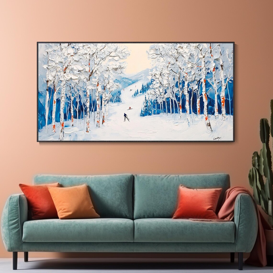 Original Winter Forest Hand Oil Painting Large Snow Skiing Sport Art Abstract Snow Wall Deco Vacation Memorial Gift Fashion Living Room Deco - Image 2
