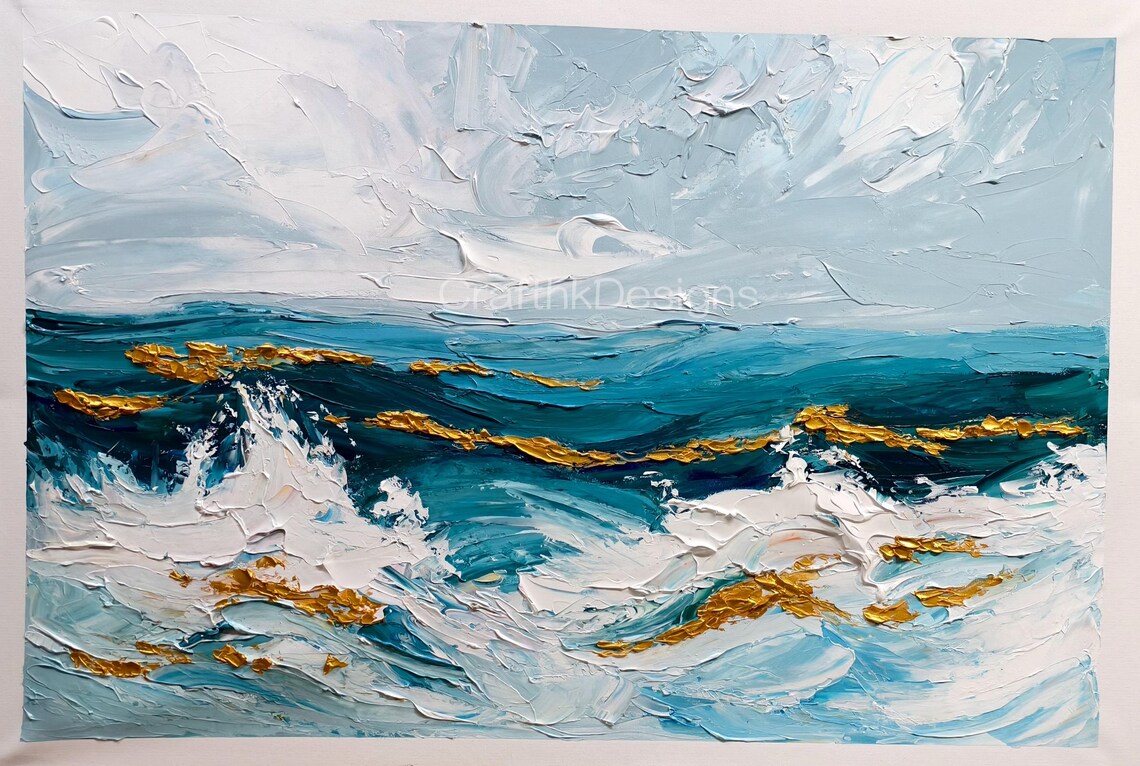 Blue Ocean Waves White Foam Gold Accents Textured Seascape Art Poster - Image 5