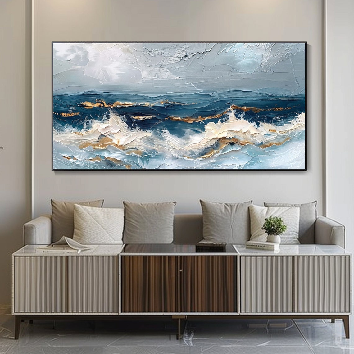 Blue Ocean Waves White Foam Gold Accents Textured Seascape Art Poster - Image 2