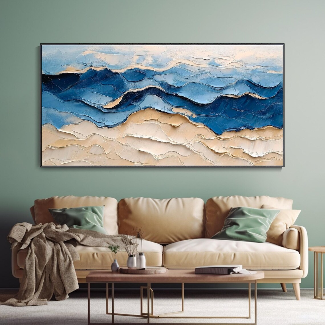 Blue Ocean Waves Over Sand Dunes Textured Coastal Art Poster - Image 3
