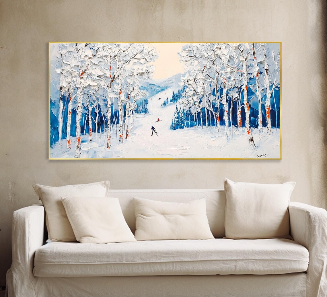 Original Winter Forest Hand Oil Painting Large Snow Skiing Sport Art Abstract Snow Wall Deco Vacation Memorial Gift Fashion Living Room Deco - Image 4