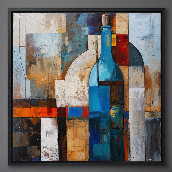Abstract Blue Bottle Painting Print Wall Art Geometric Art Cubist Wine Wall Art Decor Sommelier Gift Print Dining Room Decor