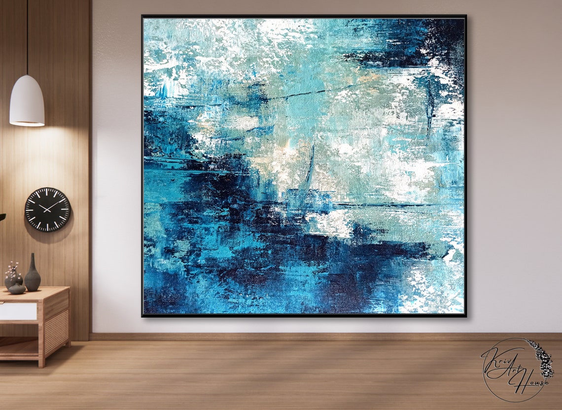 Deep Blue White Ocean Wave Textured Abstract Vertical Wall Poster - Image 3