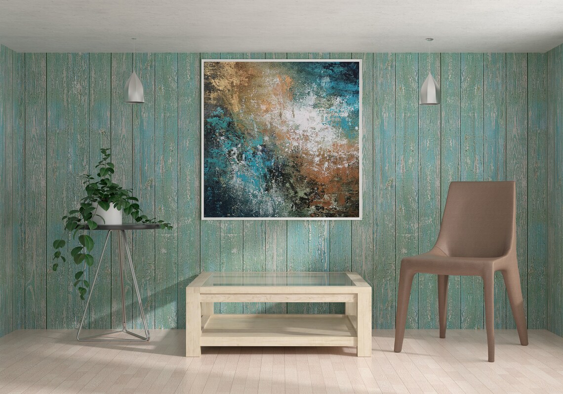 Gold and Blue Abstract Painting, Oversized Wall Art - Image 3