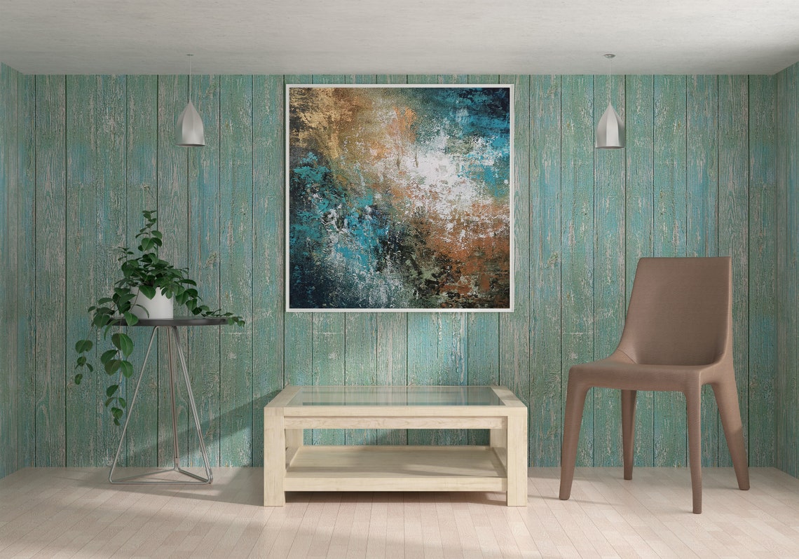 Teal Gold Brown Earthy Misty Abstract Horizontal Wall Poster - Image 3