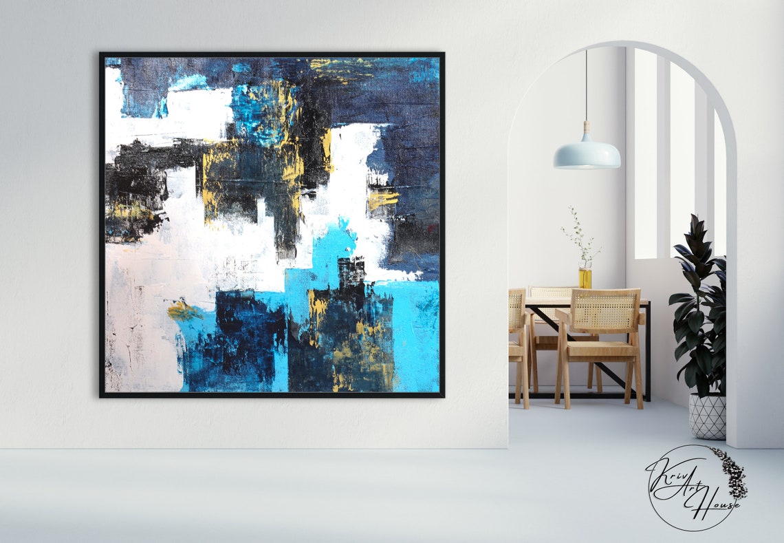 Navy Blue White Turquoise Block Textured Abstract Square Poster - Image 2