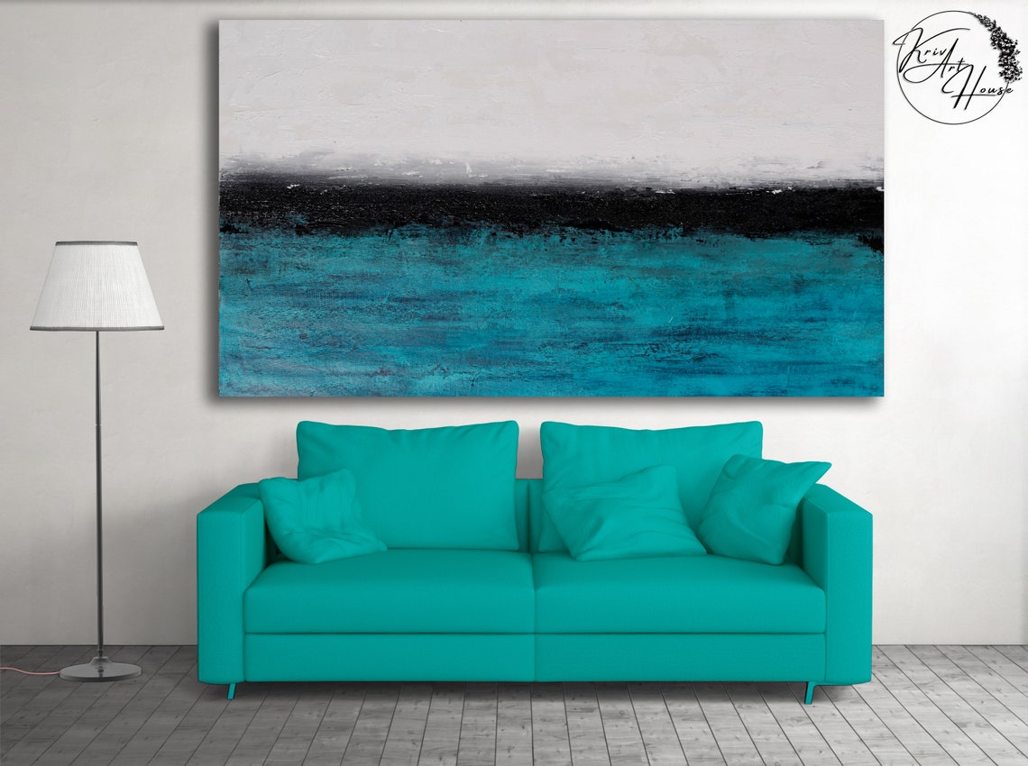 Minimalist Black White Teal Ocean Bands Abstract Art Wall Print - Image 2