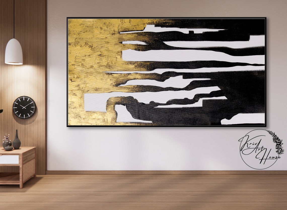 Black White Gold Bold Graphic Abstract Horizontal Art Poster - Image 2