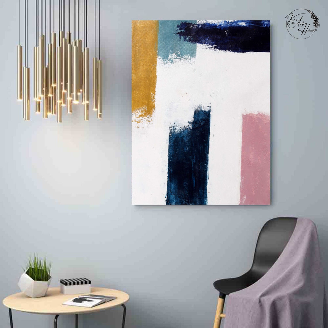 Navy Gold Blush Color Block Abstract Modern Minimal Art Poster - Image 3