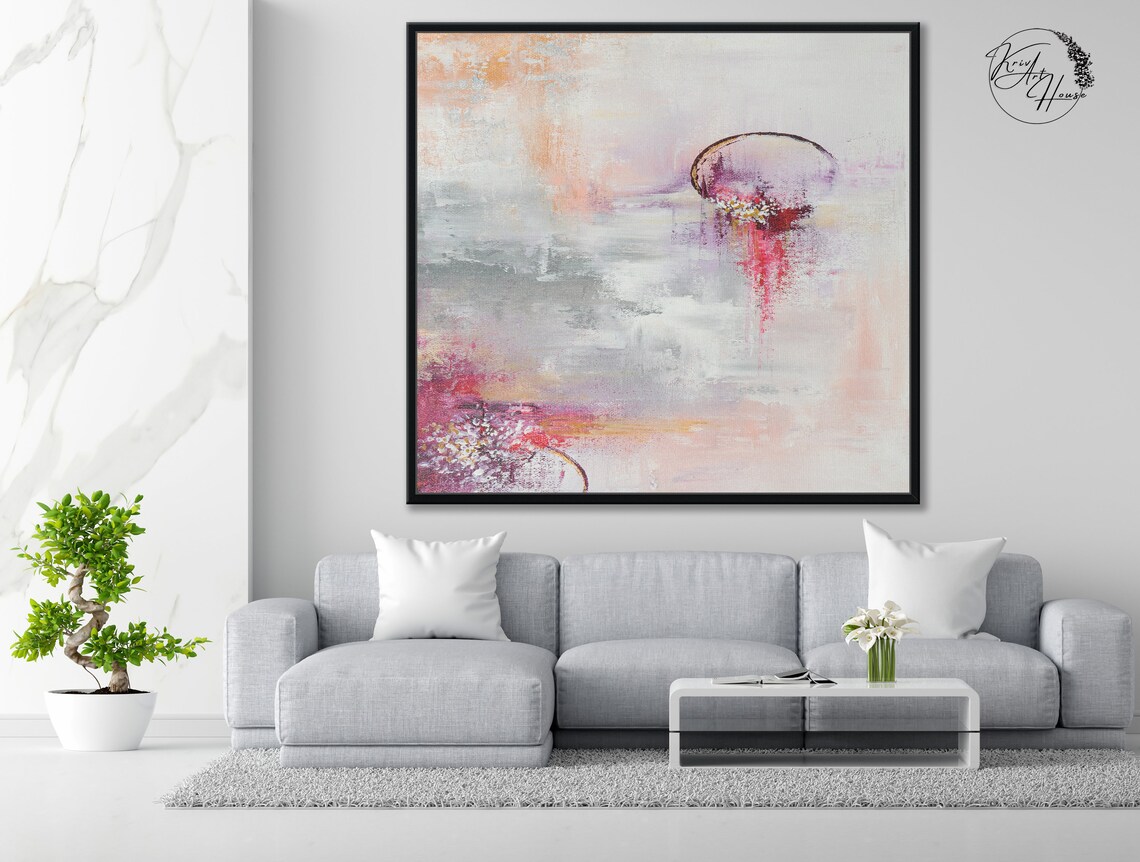 Soft Pink Floral Dots Textured Abstract Painting Bedroom Wall Poster - Image 3