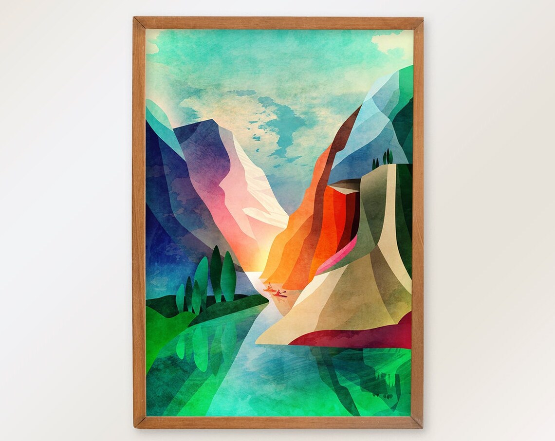 Kayaking In Canyon Art Print, Nature Landscape