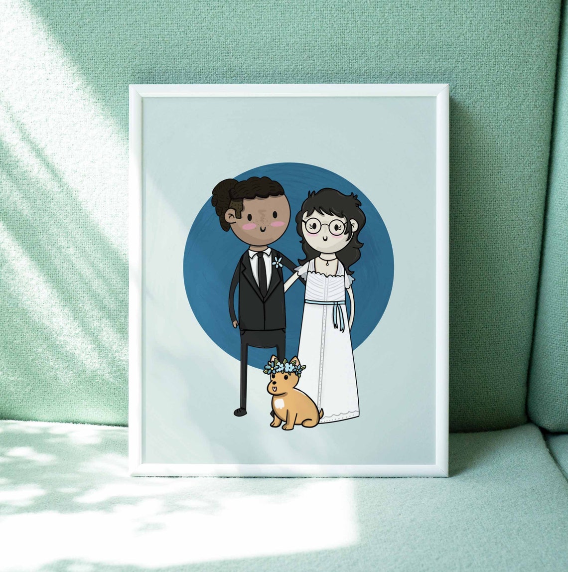 Custom Cartoon Wedding Portrait With Corgi in Flower Crown Poster