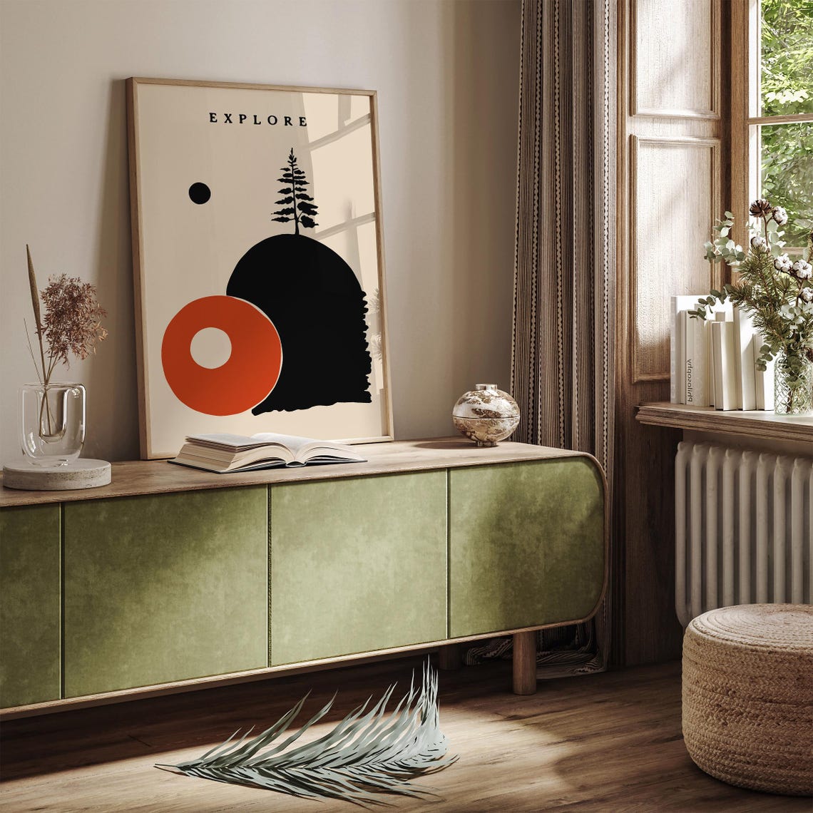 Explore Minimalist Travel Poster Scene with Red Sun and Pine Tree - Image 2