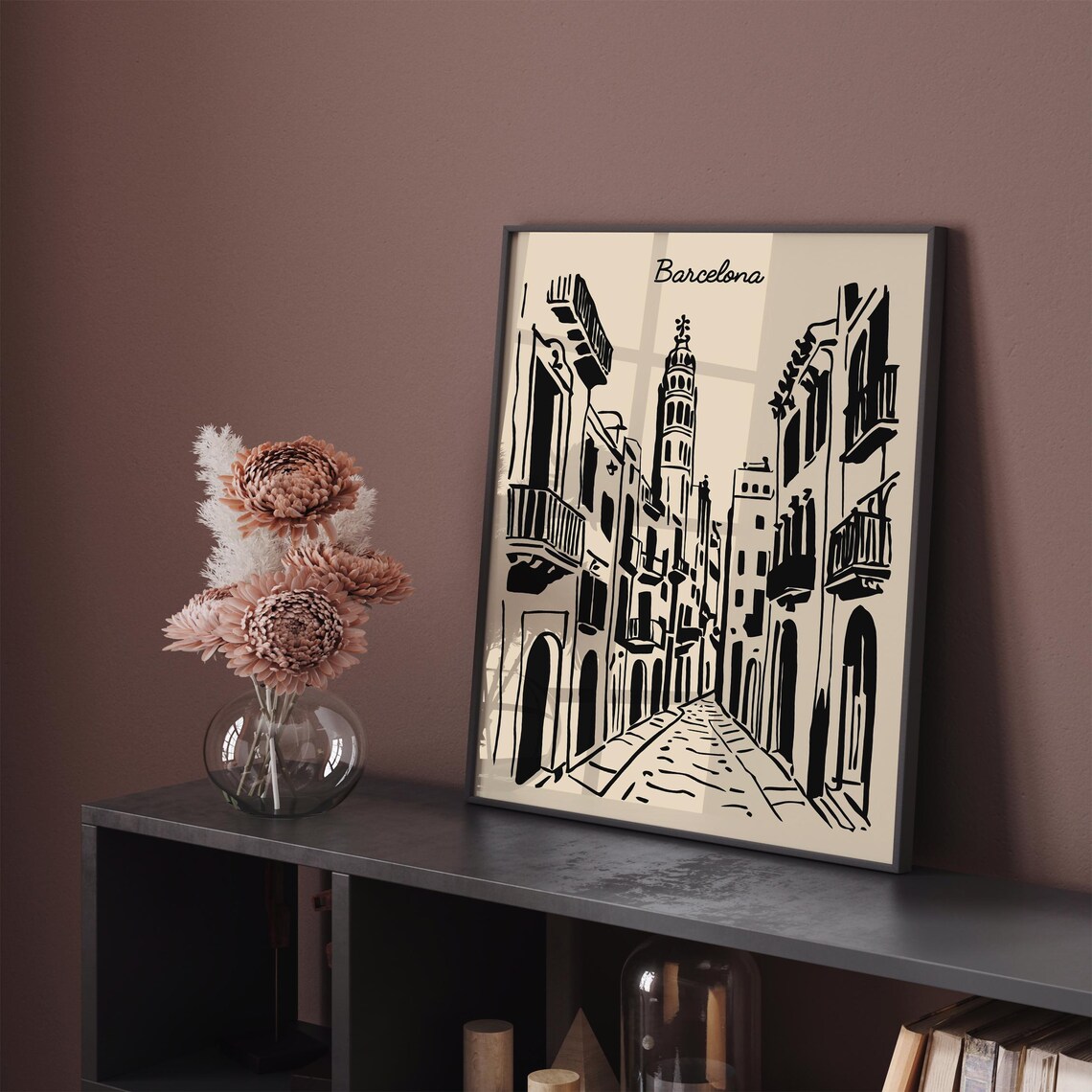 Barcelona Old Town Street Monochrome Ink Sketch Travel Art Poster - Image 3
