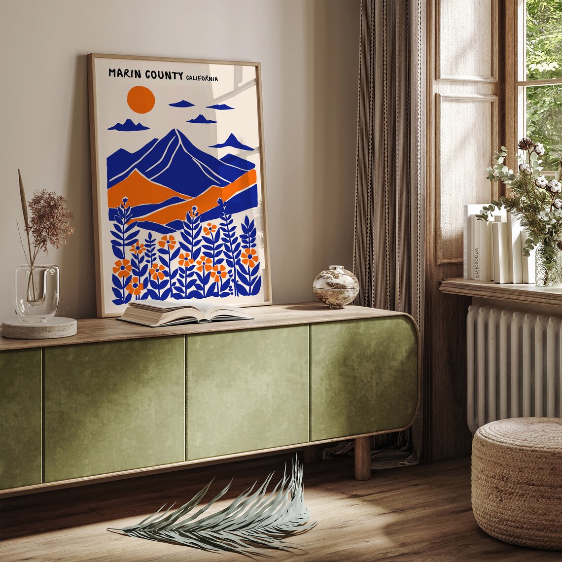 Marin County California Blue Orange Mountain Landscape Poster - Image 2