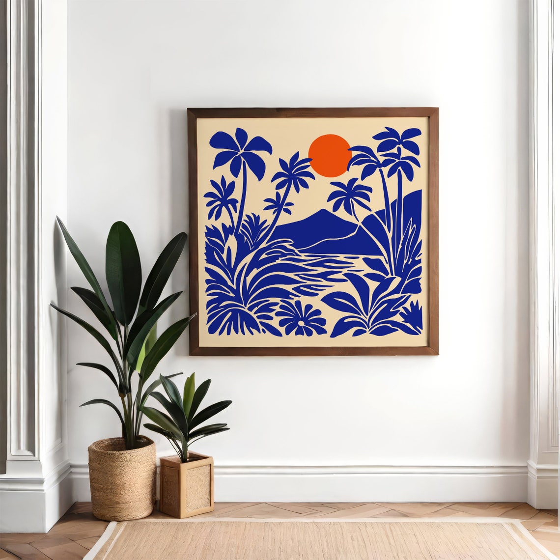 Tropical Sunset Poster With Blue Palms And Blazing Orange Sun - Image 3