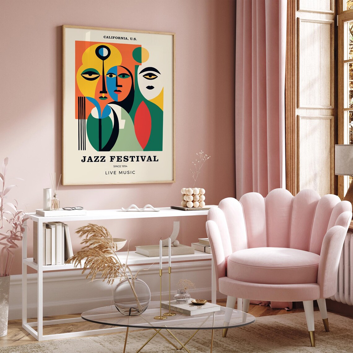 California 1954 Jazz Festival Live Music Cubist Faces Poster - Image 2