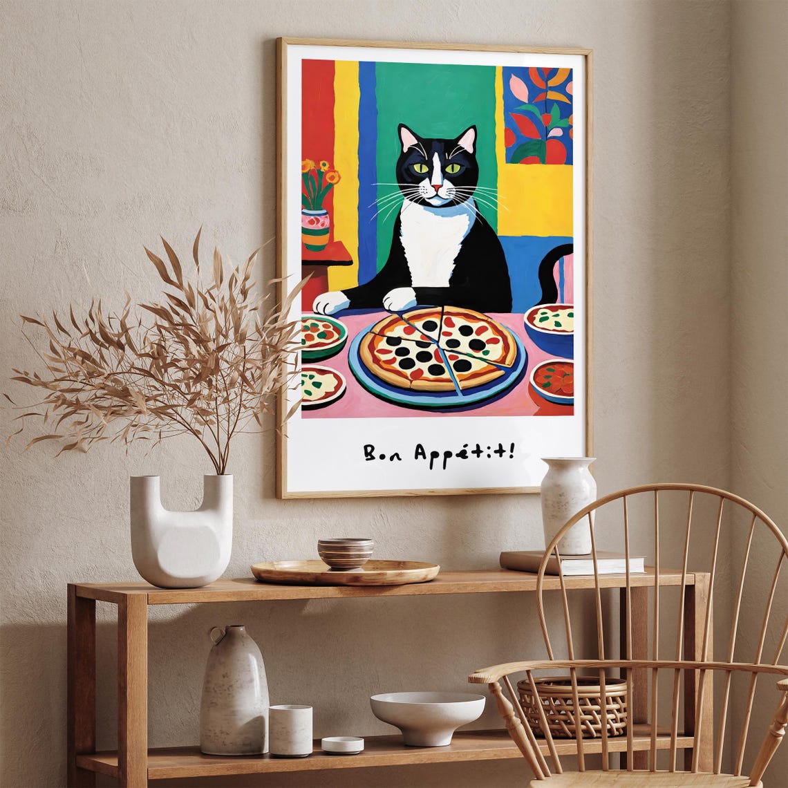 Bon Appetit Cat With Pizza Colorful Feline Kitchen Humor Poster - Image 3