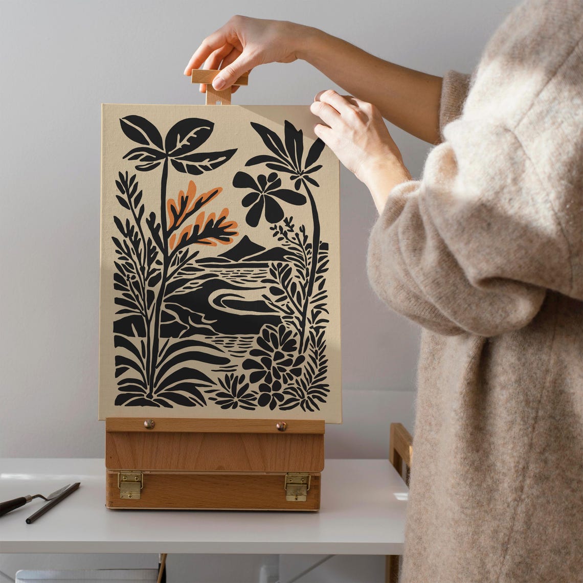 Tropical Silhouette Island Landscape Modern Linocut Style Poster - Image 2