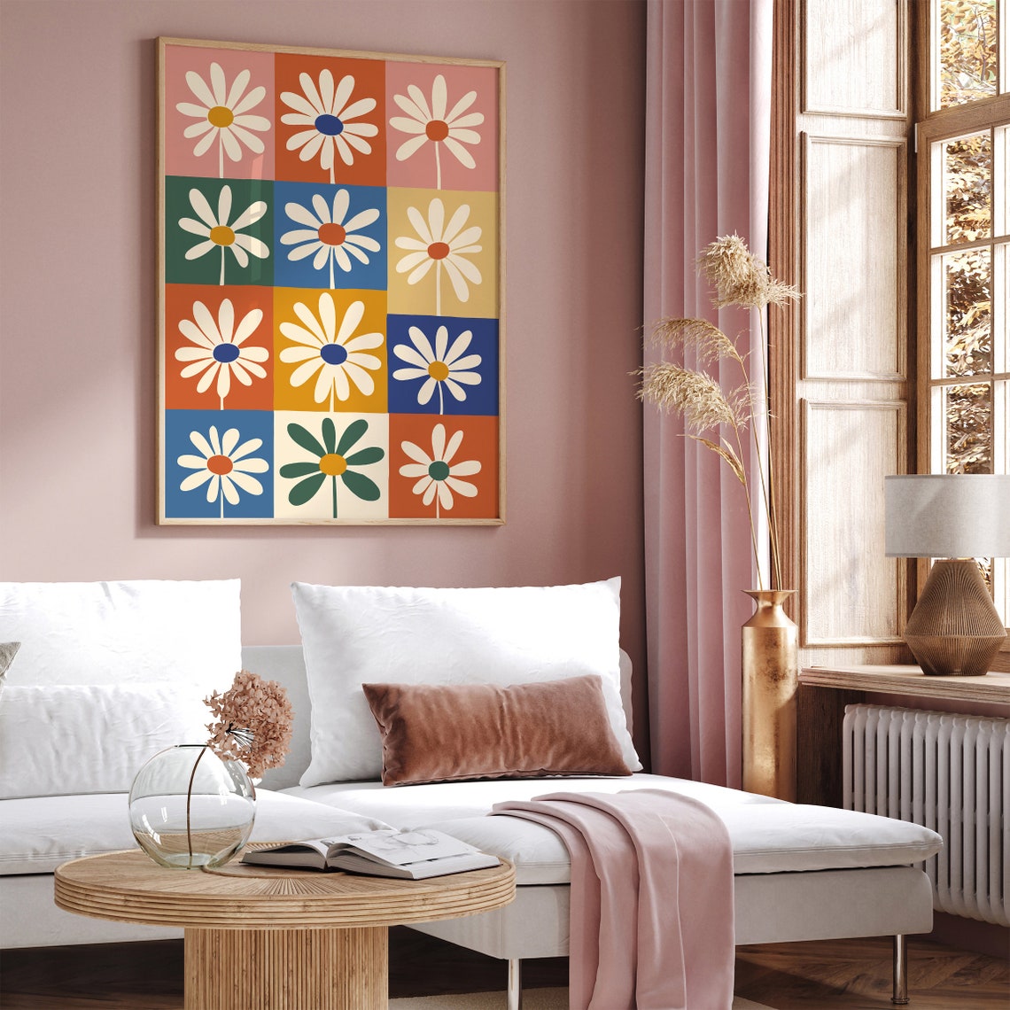Colorful Daisy Grid Mid Century Modern Retro Floral Pop Art Poster - Image 5