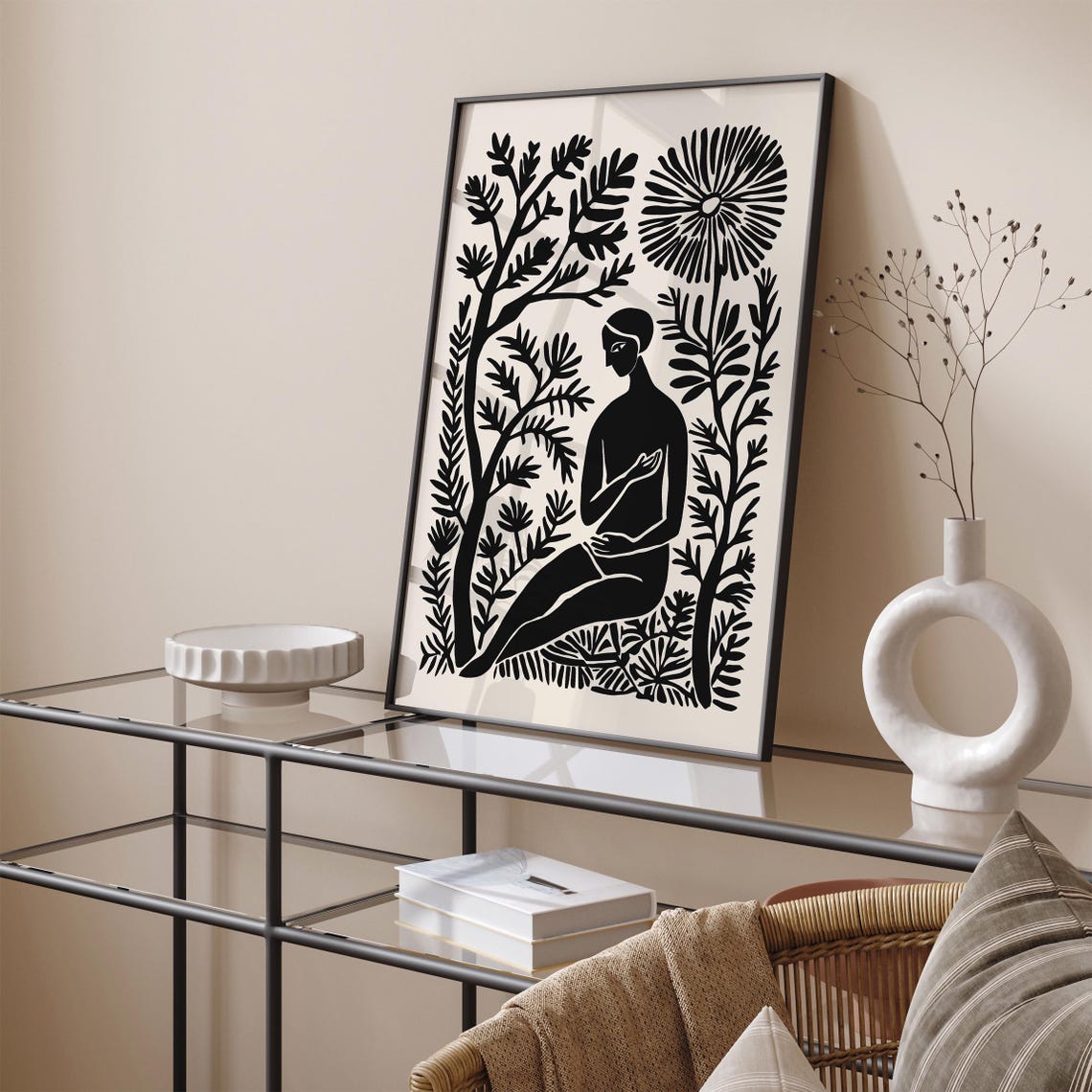 Black White Botanical Harmony Seated Woman Among Plants Linocut Poster - Image 2