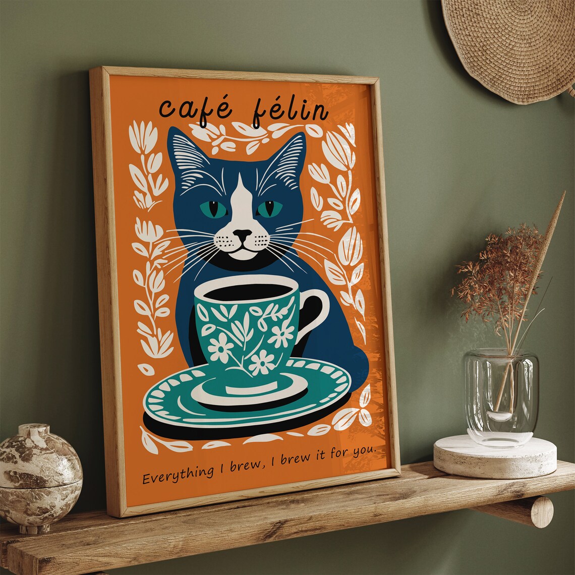 Café Félin Navy Cat With Floral Coffee Cup Vintage Wall Poster - Image 2