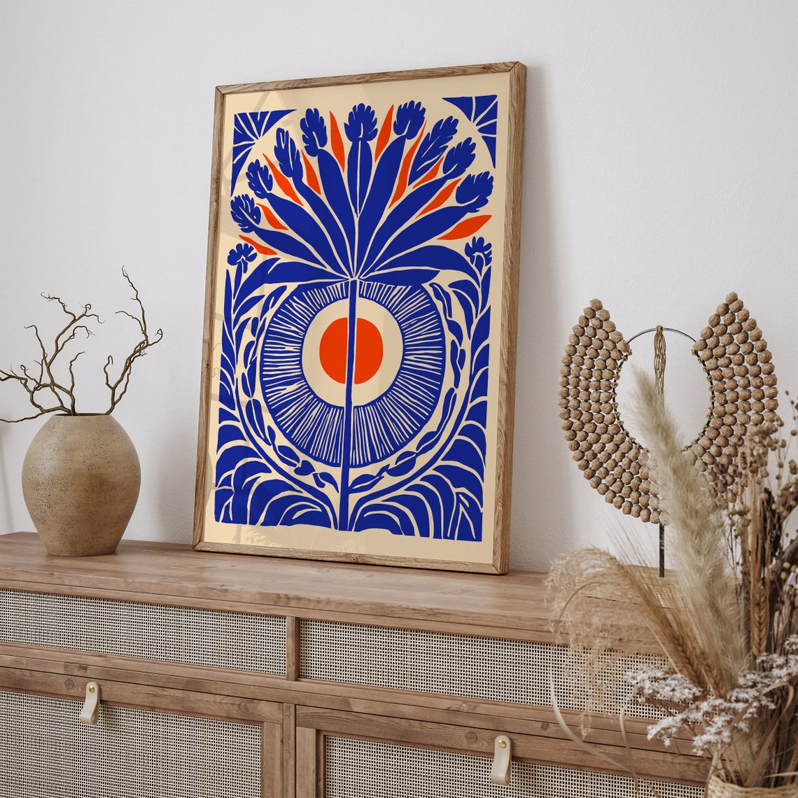 Blue Orange Abstract Floral Sun Linocut Style Modern Art Print - Image 6