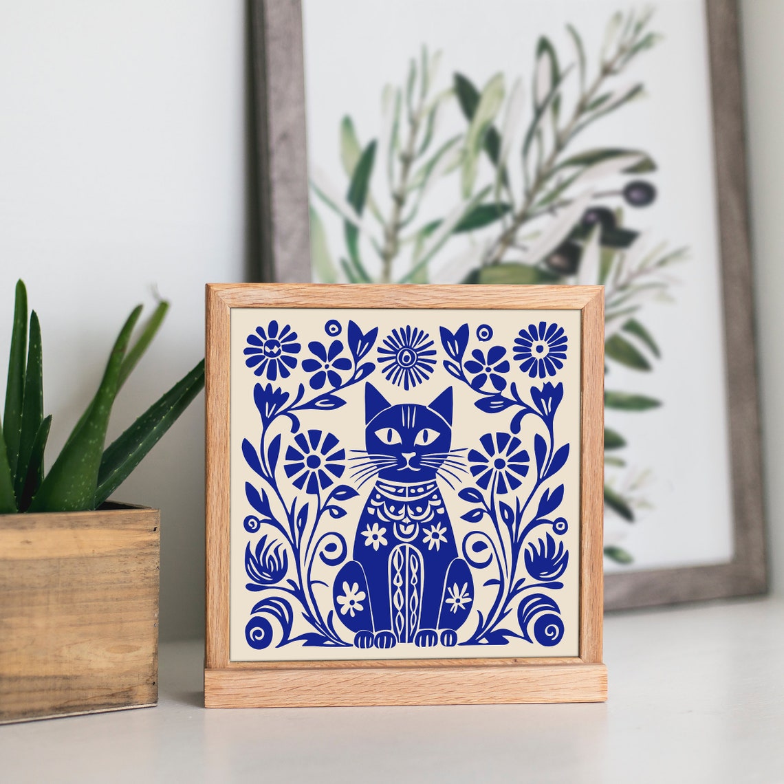 Whimsical Blue Folk Art Cat With Flowers Charming Decor Poster - Image 5
